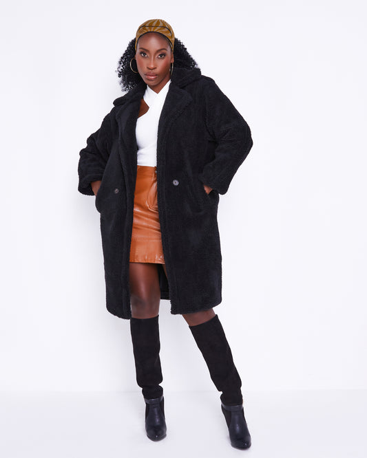 Women's Coat Long Black Teddy Coat
