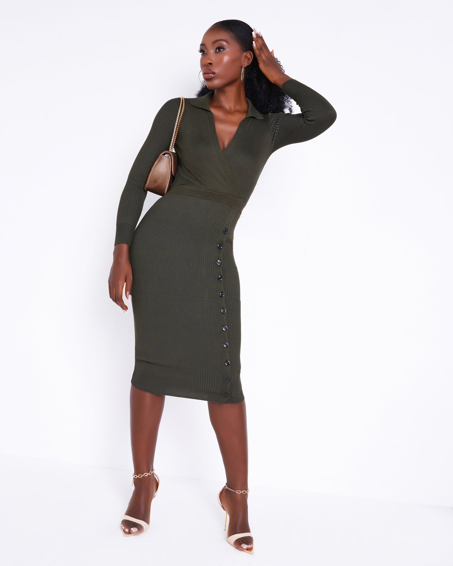 Khaki ribbed knit midi dress