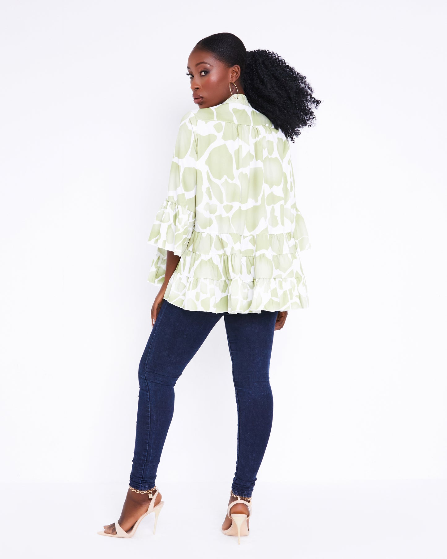 Mint Women's Green Giraffe animal print tiered blouse