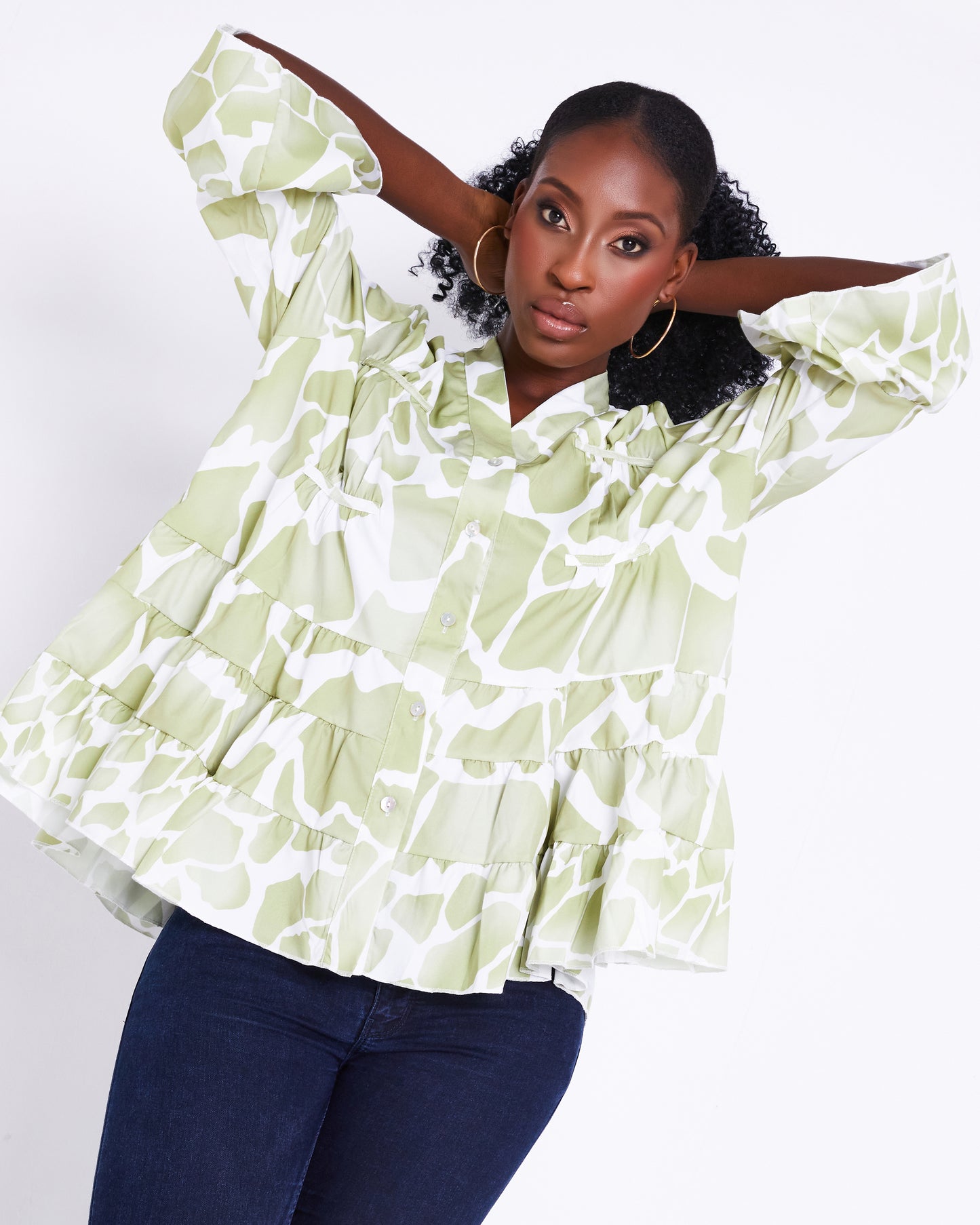 Mint Women's Green Giraffe animal print tiered blouse