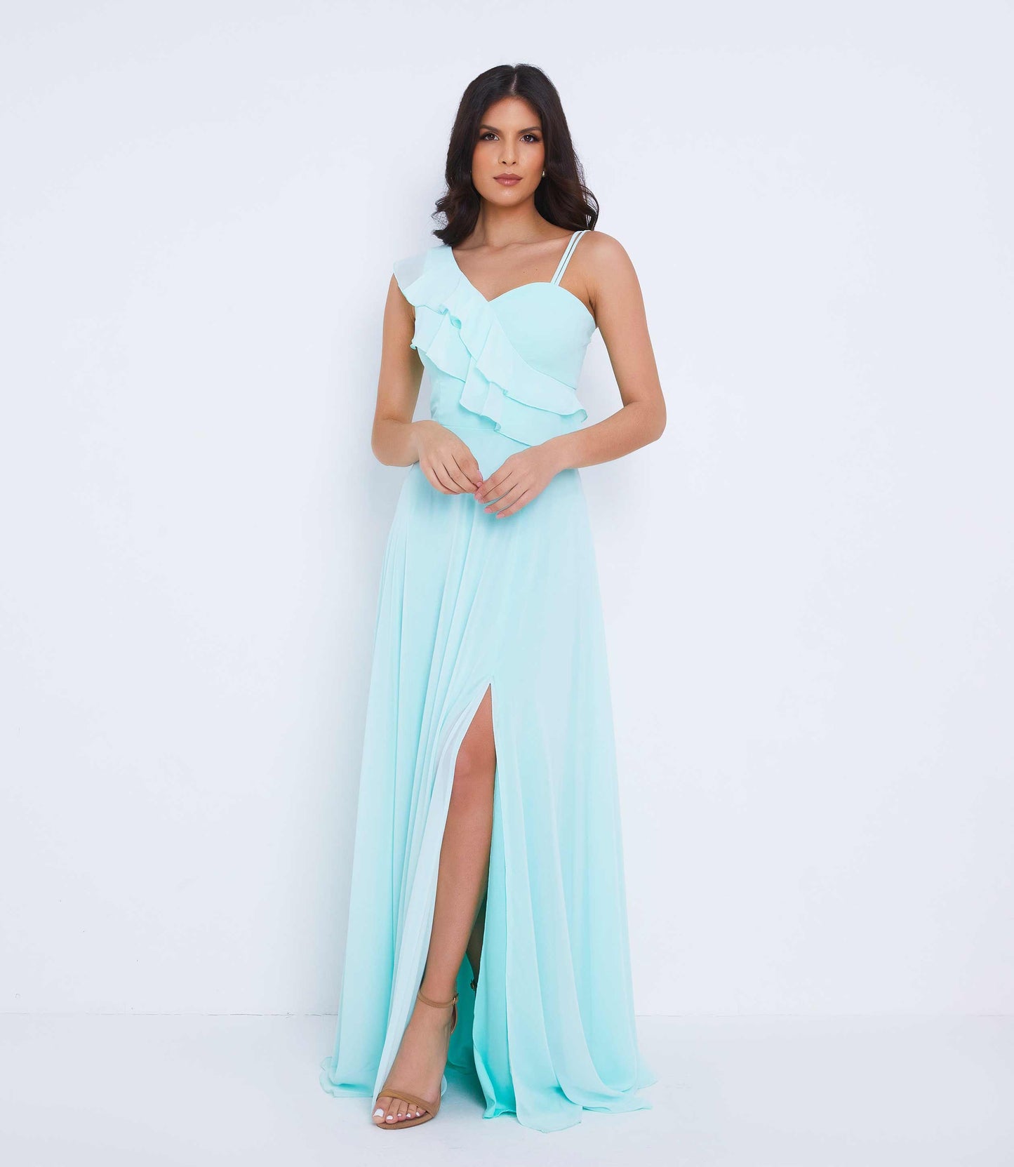 Mint Green Asymmetric Ruffle Maxi Slit Dress