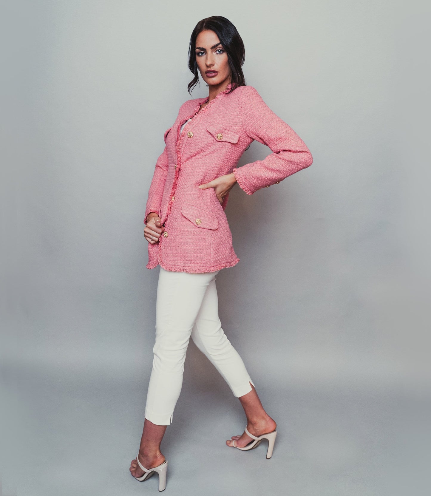 Pink Tweed jacket with gold buttons