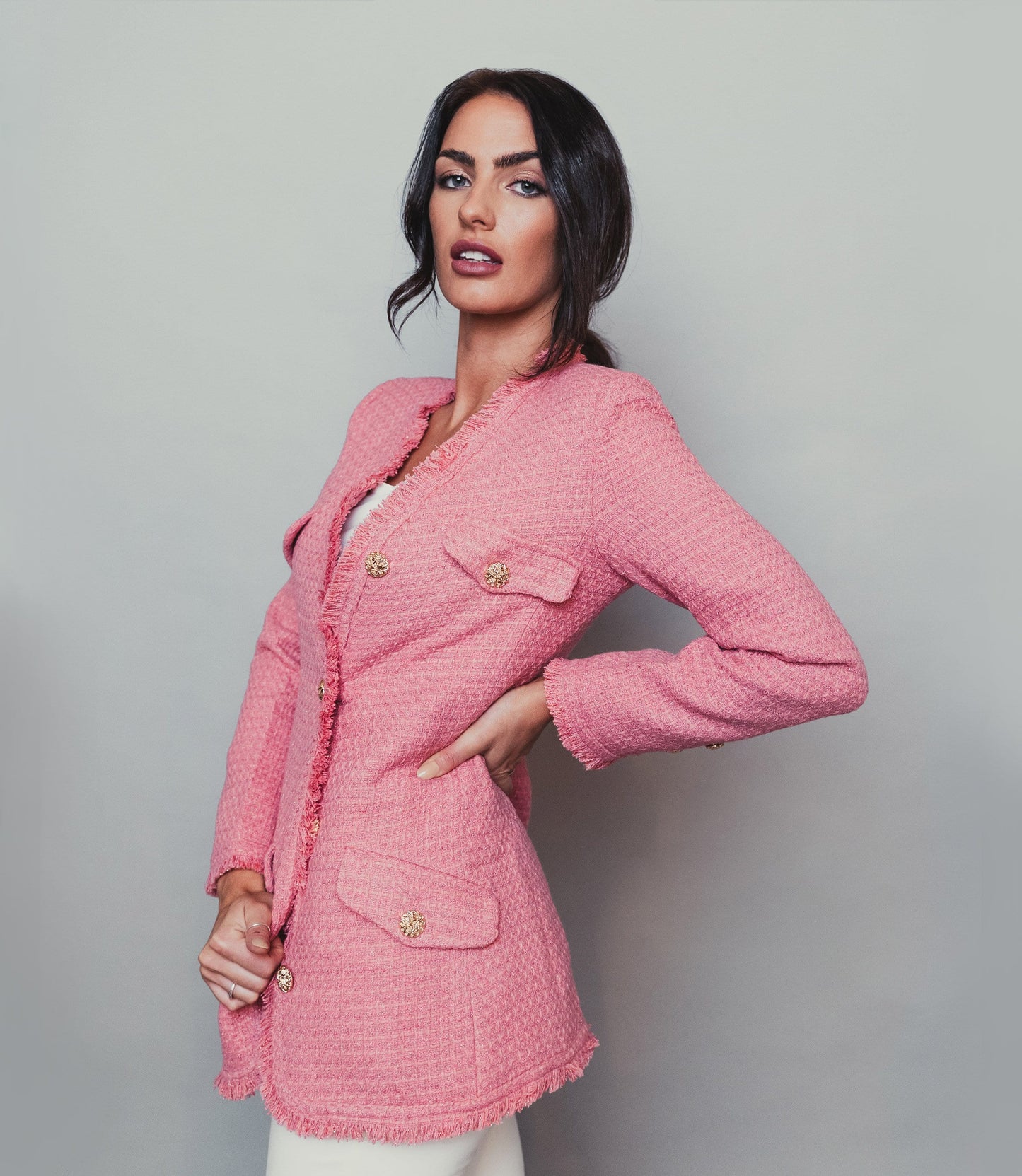 Pink Tweed jacket with gold buttons