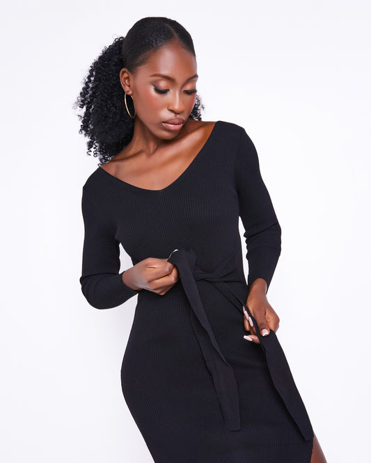 Black Full Sleeve Ribbed Knit Midi Dress
