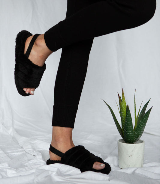 black fluffy slippers