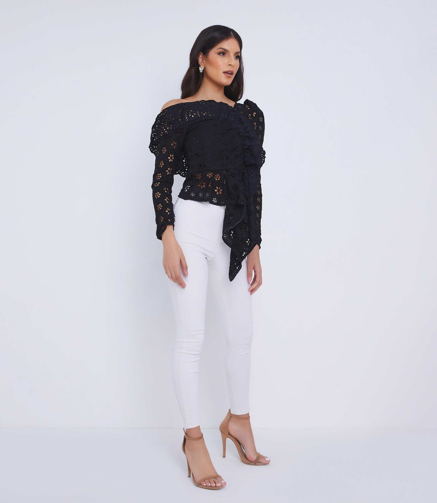 Black lace ruffle off the shoulder going out summer top