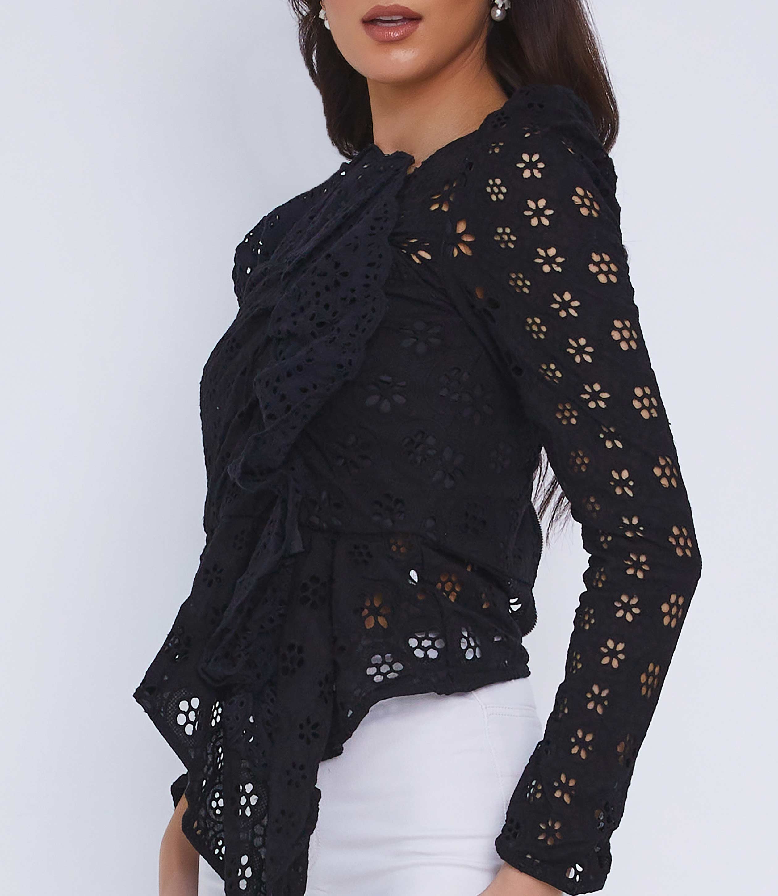 Black lace ruffle off the shoulder going out summer top