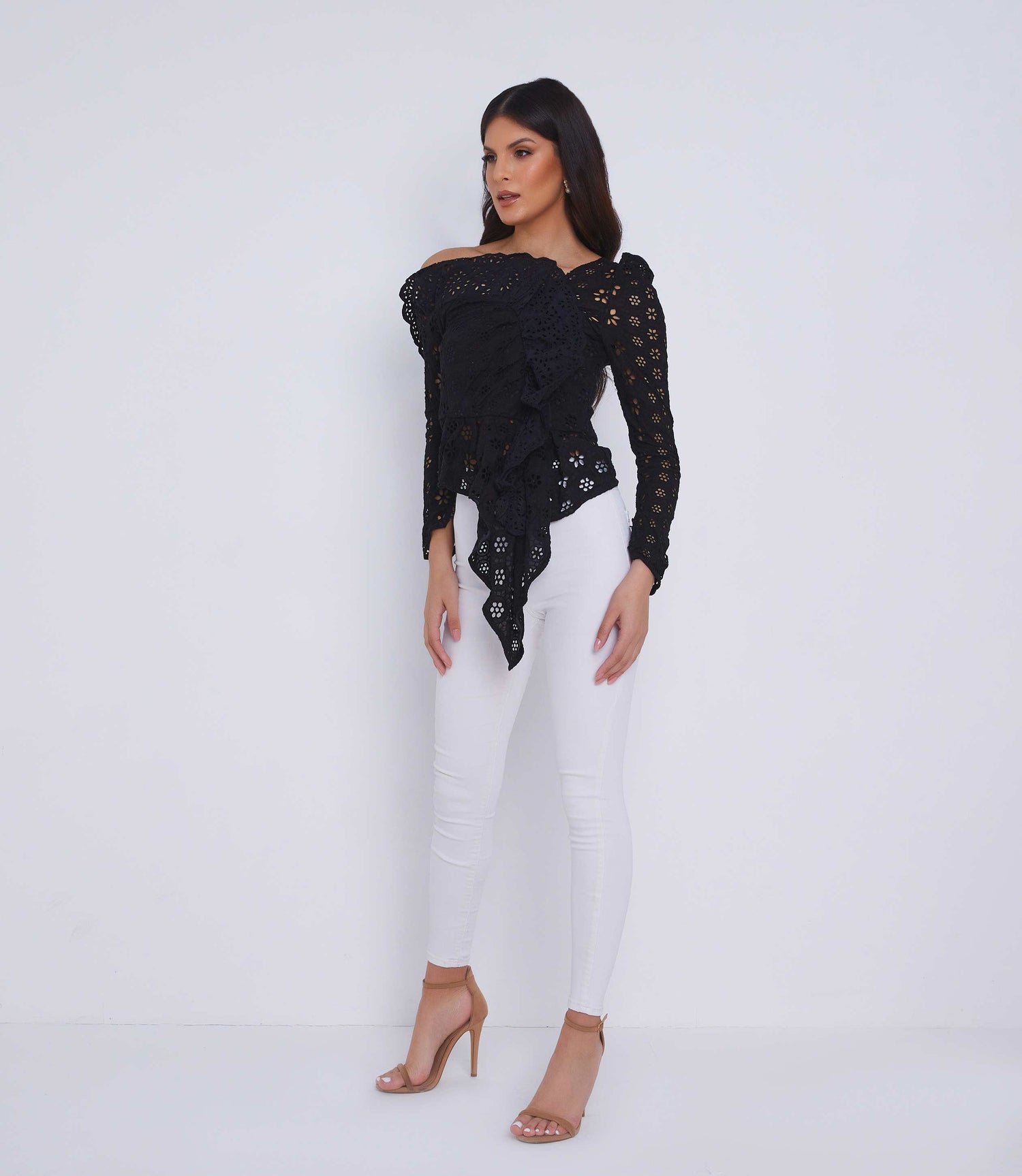 Black lace ruffle off the shoulder going out summer top