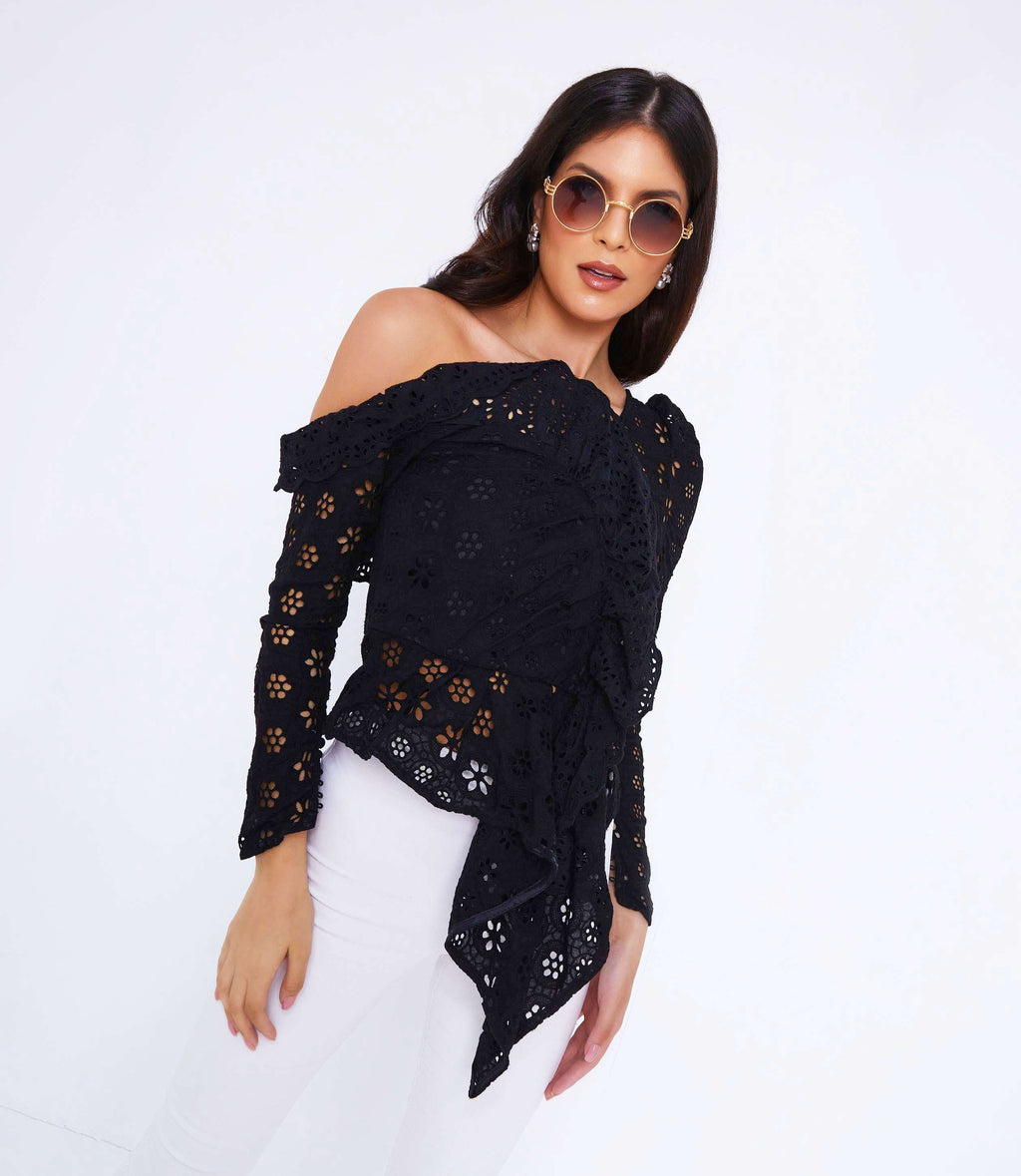 Black lace ruffle off the shoulder going out summer top