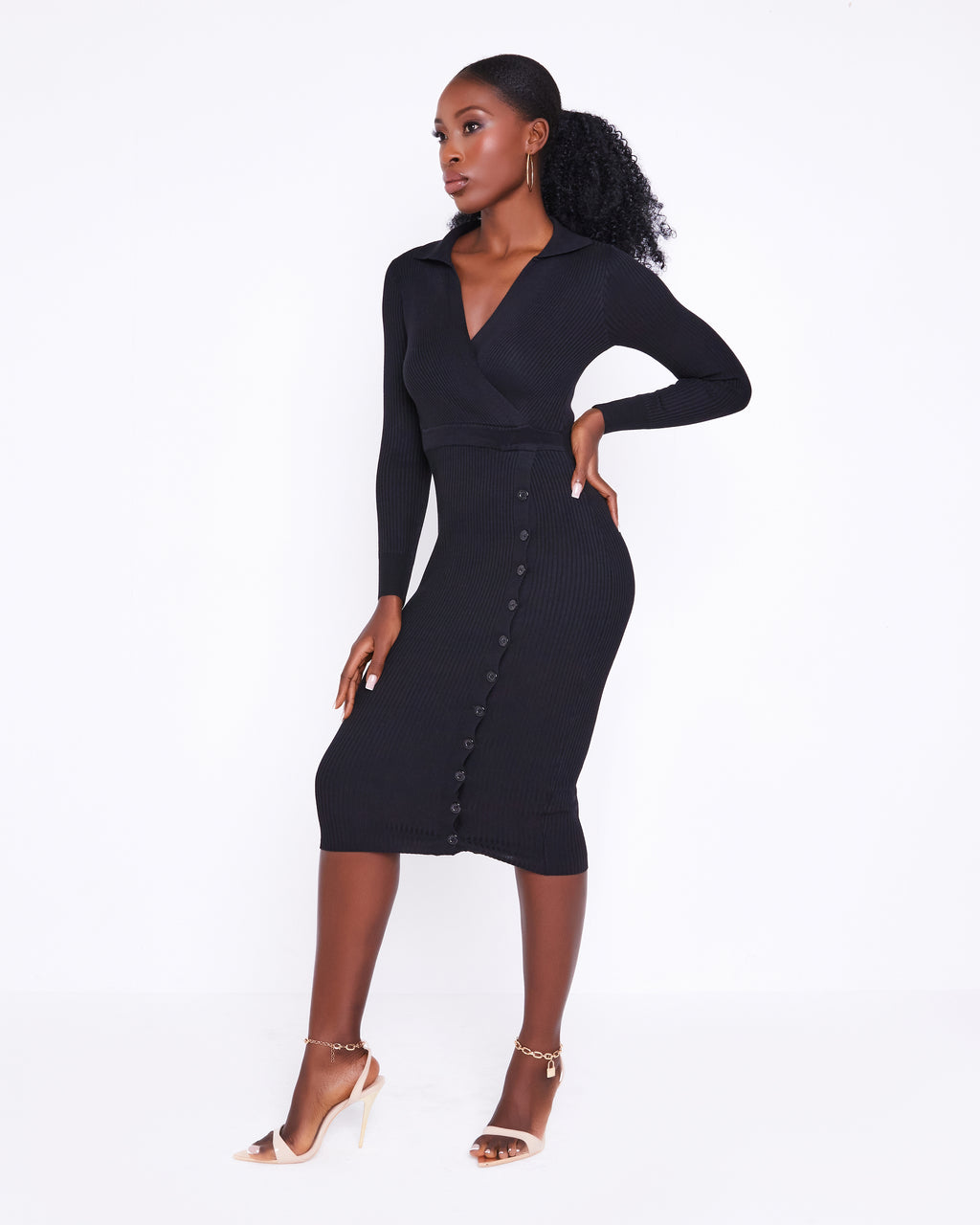 Black ribbed knit button up midi dress