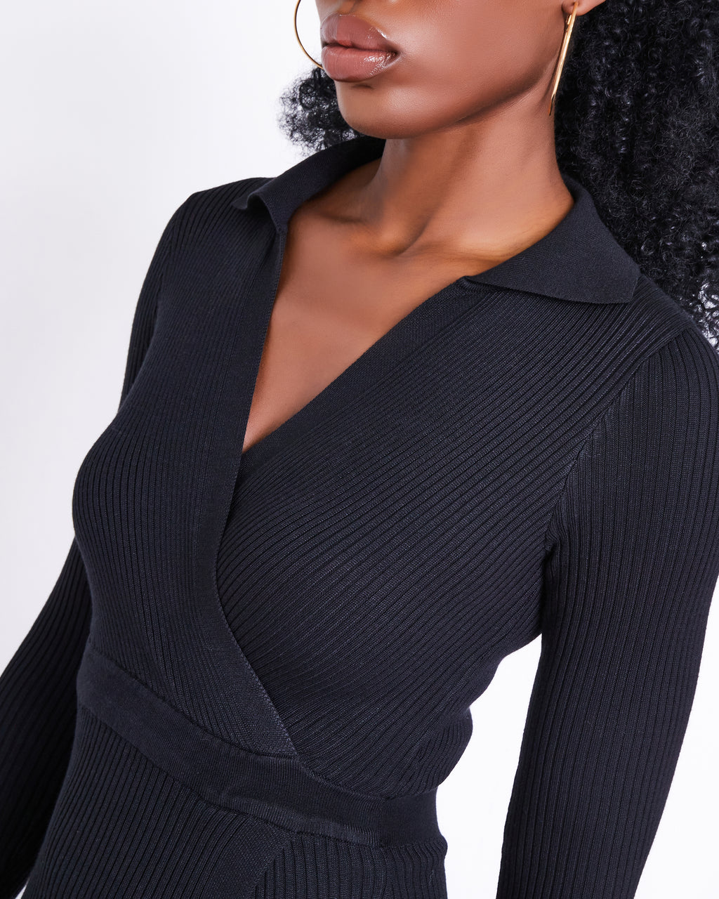 Black ribbed knit button up midi dress 