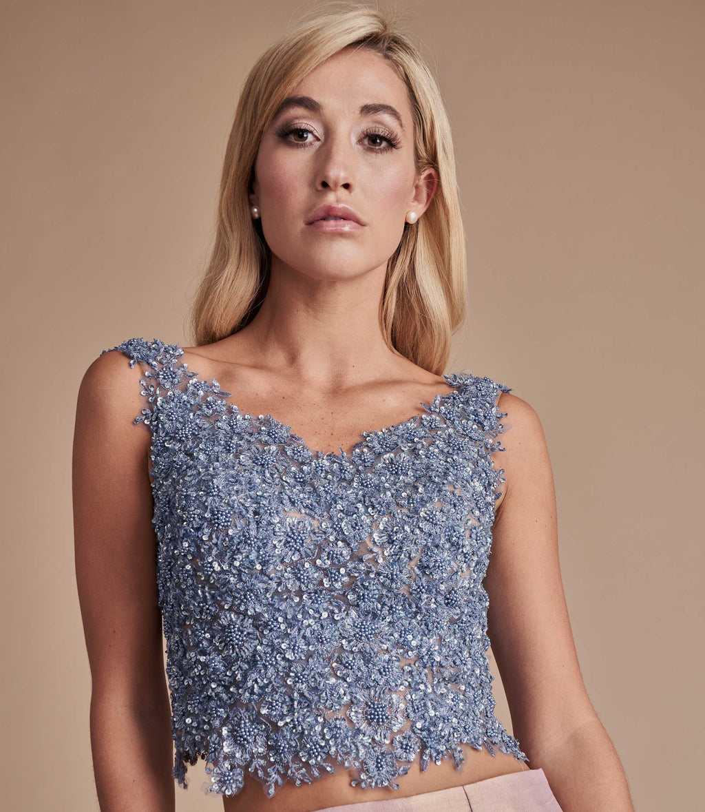 Blue embellished lace top