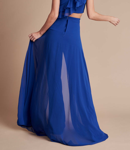 Blue high-waisted wide leg trouser with floaty chiffon.