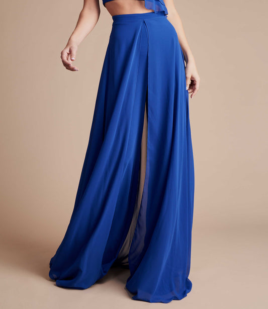 Blue high-waisted wide leg trouser with floaty chiffon.