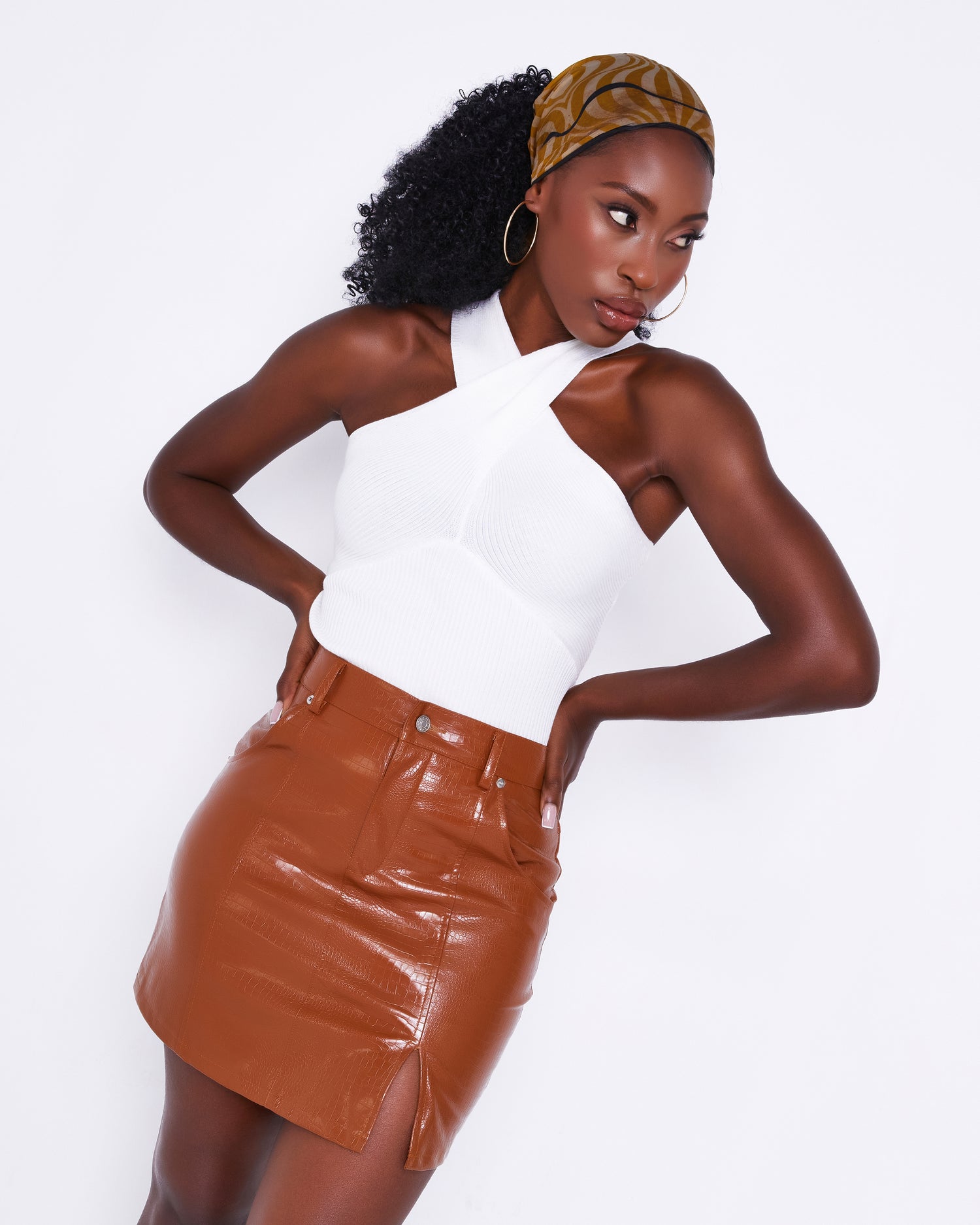 Brown faux leather fitted mini skirt