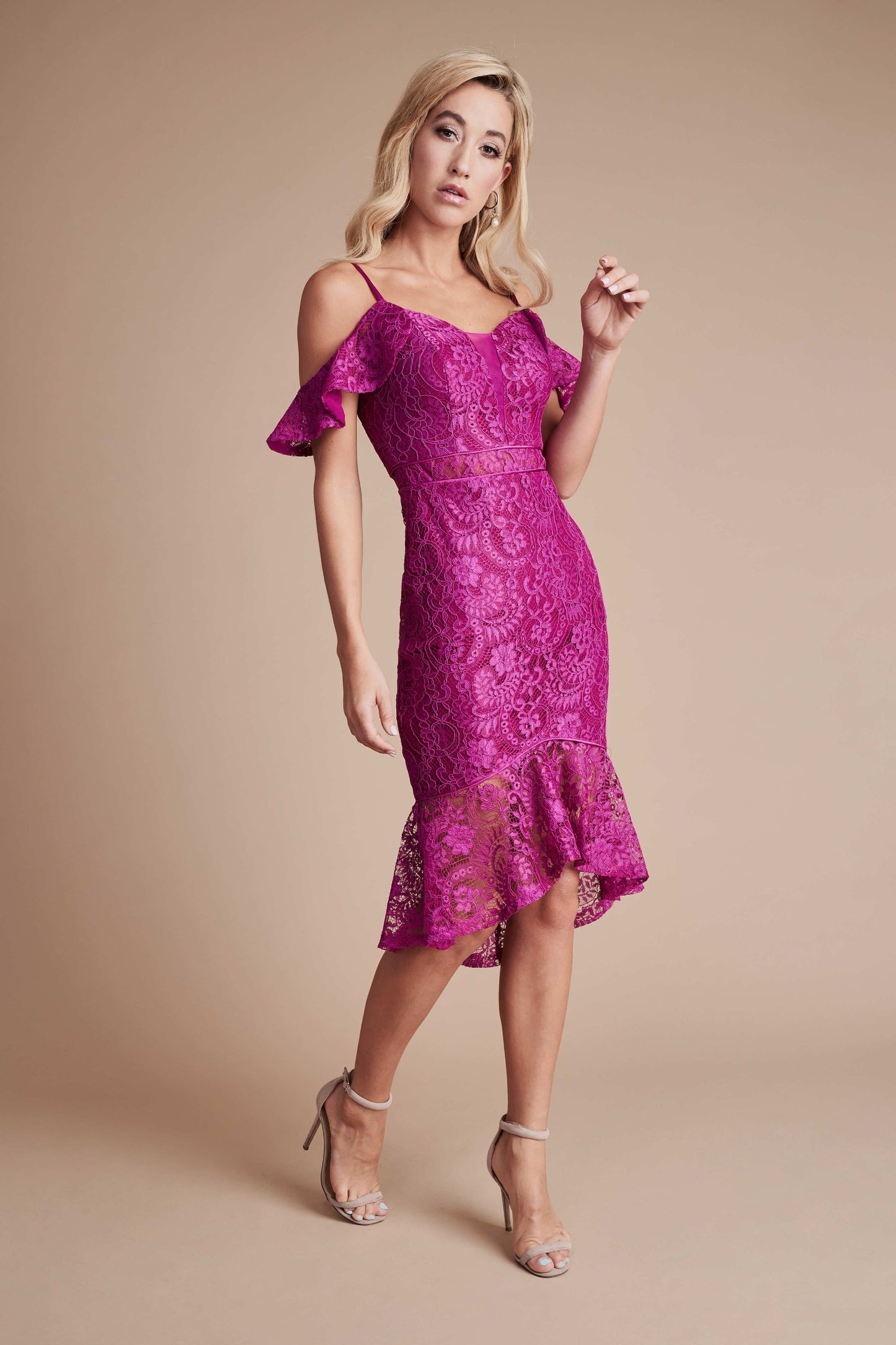 Fuchsia Pink Lace Frill Dress, Dresses UK, Wedding Guest Dress 2022