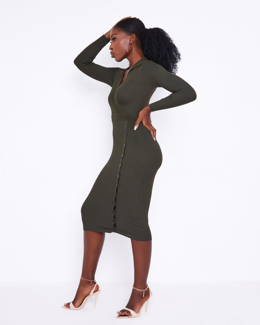 Khaki ribbed knit midi dress