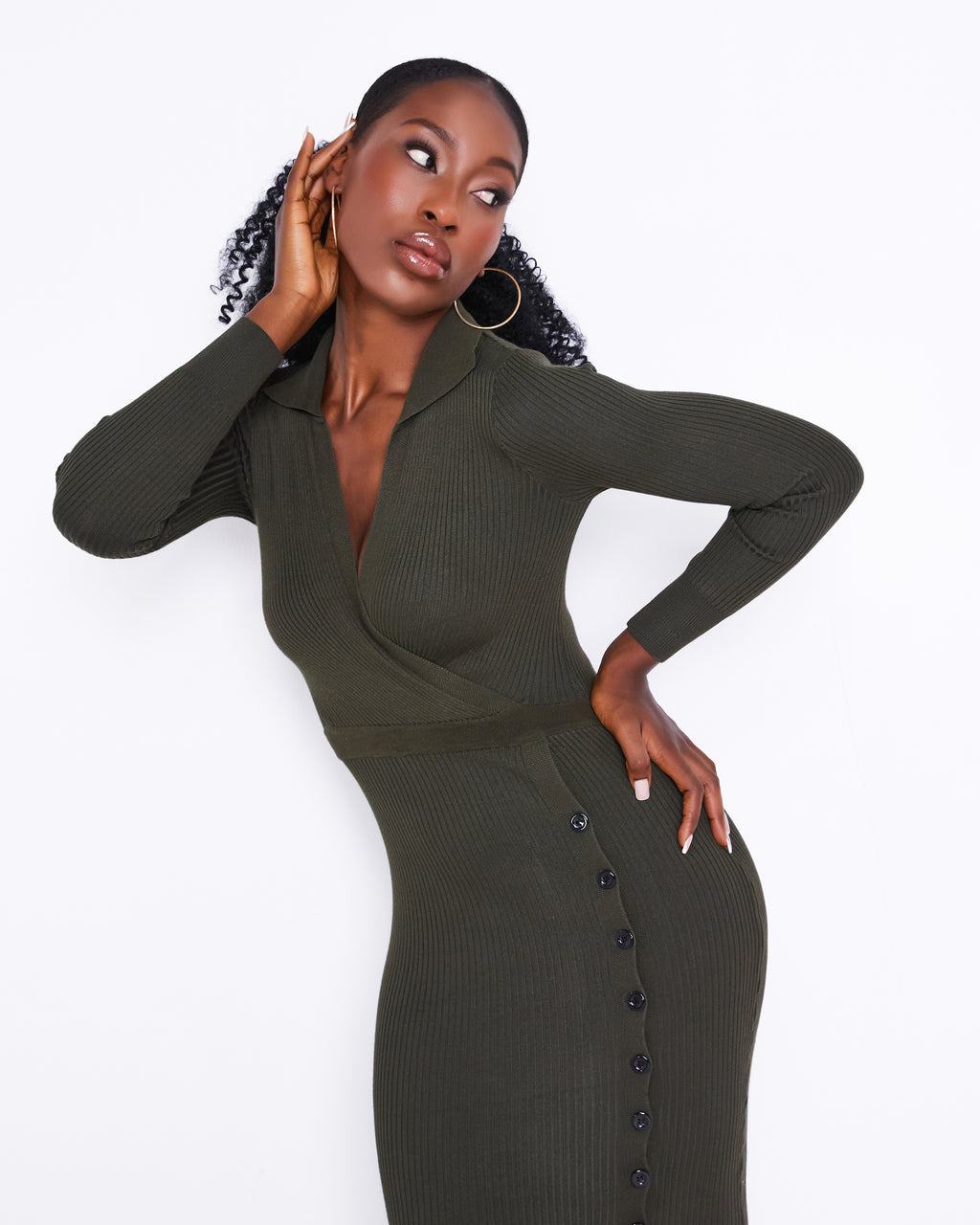 Khaki ribbed knit midi dress