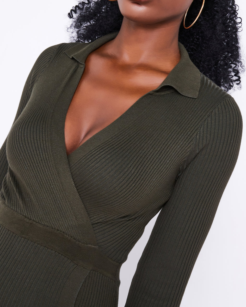 Khaki ribbed knit midi dress
