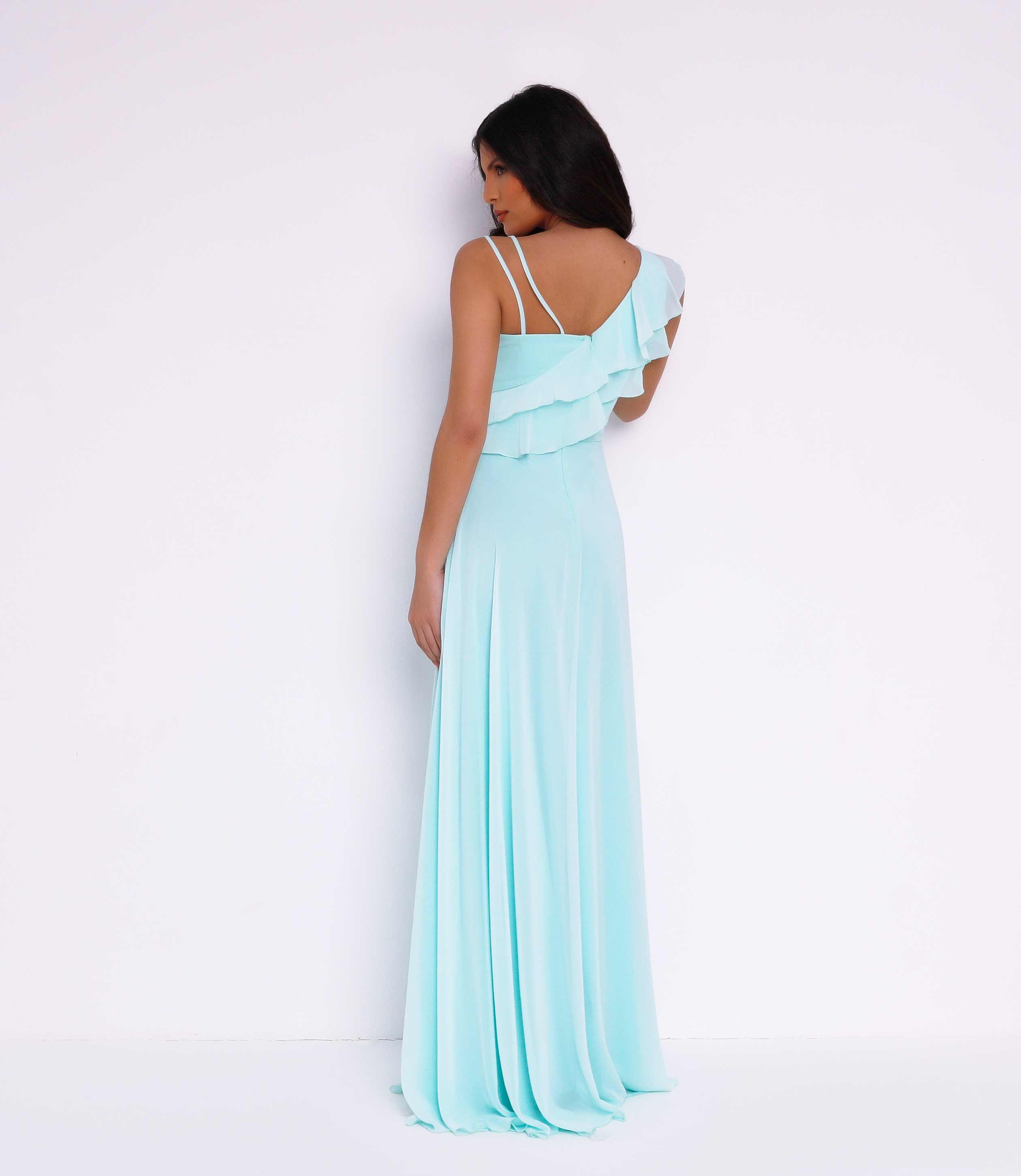 Mint Green Asymmetric Ruffle Maxi Slit Dress