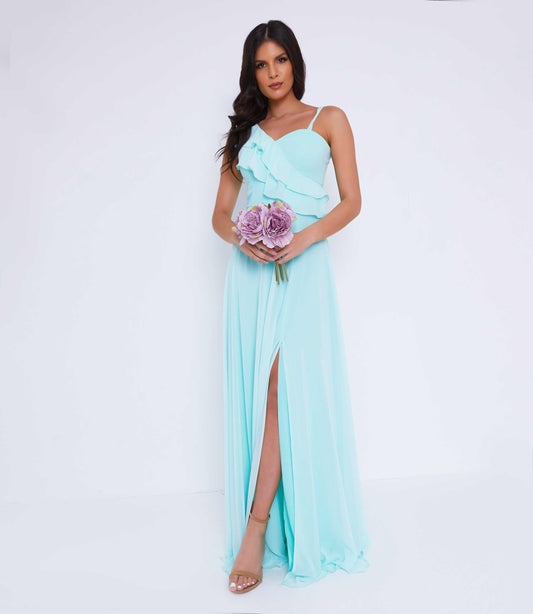 Mint Green Asymmetric Ruffle Maxi Slit Dress