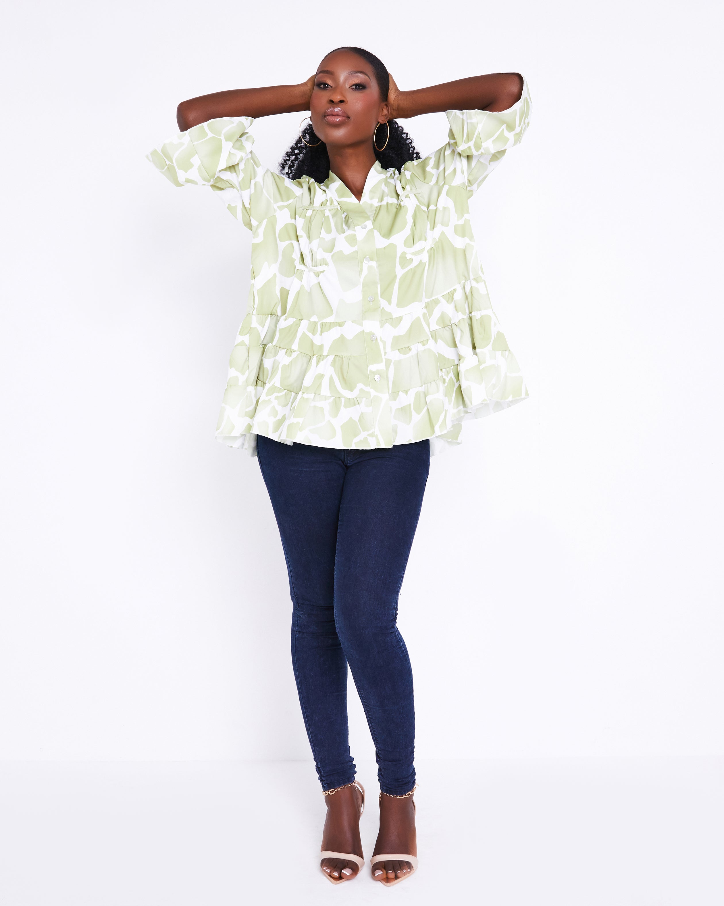 Mint Women's Green Giraffe animal print tiered blouse