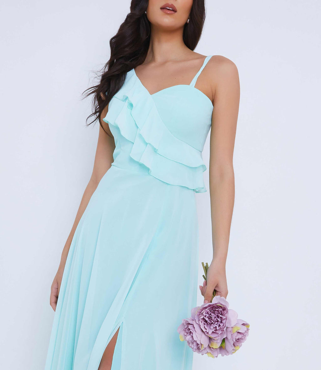 Mint Green Asymmetric Ruffle Maxi Slit Dress