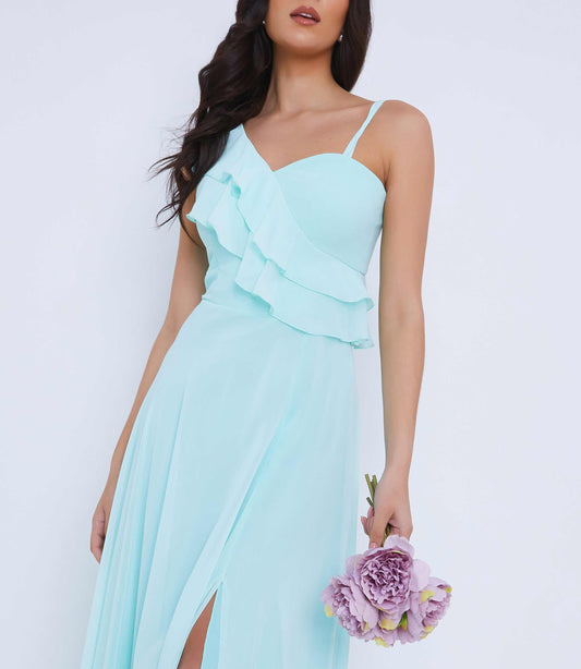 Mint Green Asymmetric Ruffle Maxi Slit Dress