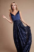 Women's Navy Blue Satin and Sequin Maxi Evening Dress Maxi Gown