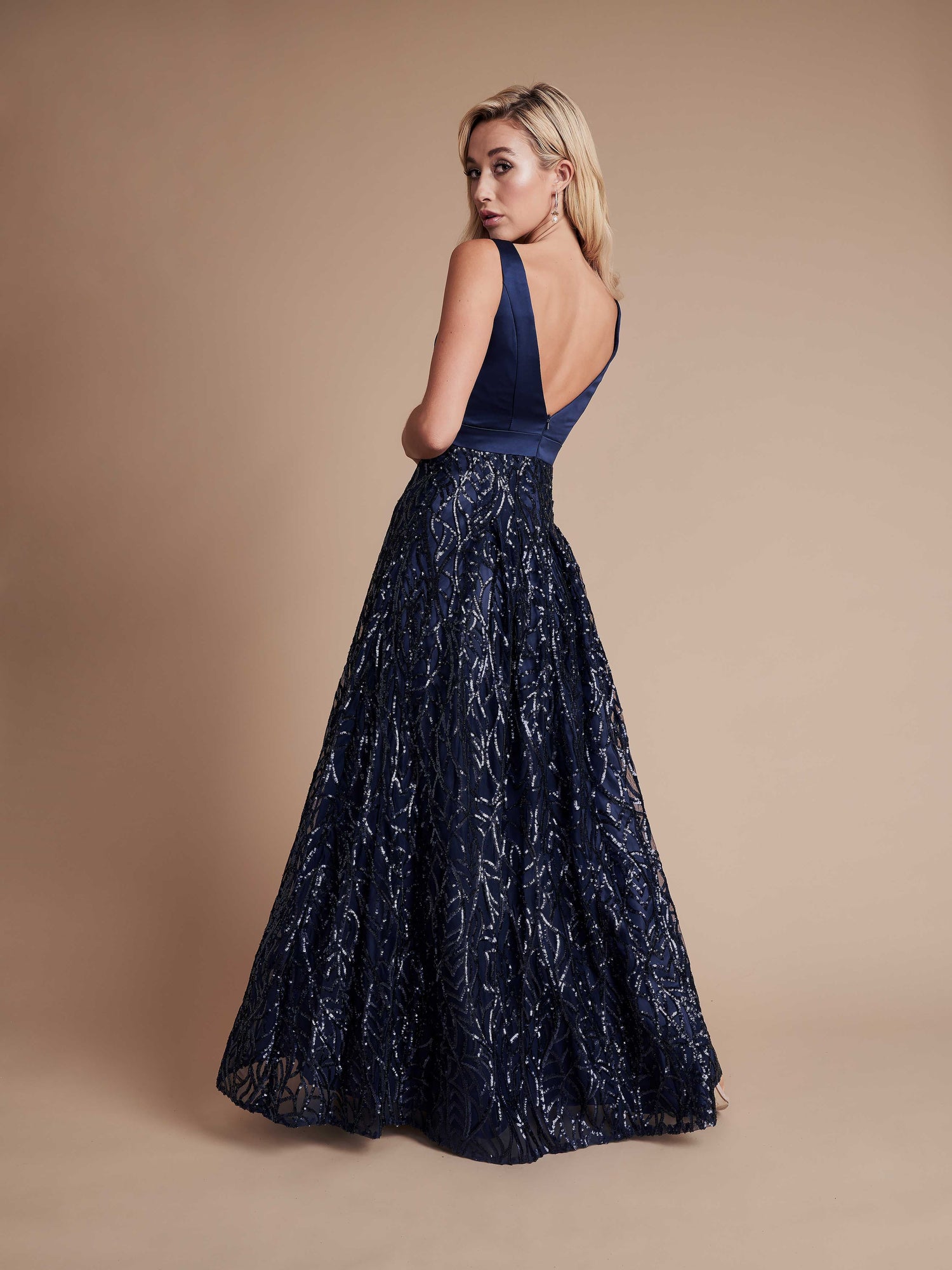 Women's Navy Blue Satin and Sequin Maxi Evening Dress Maxi Gown