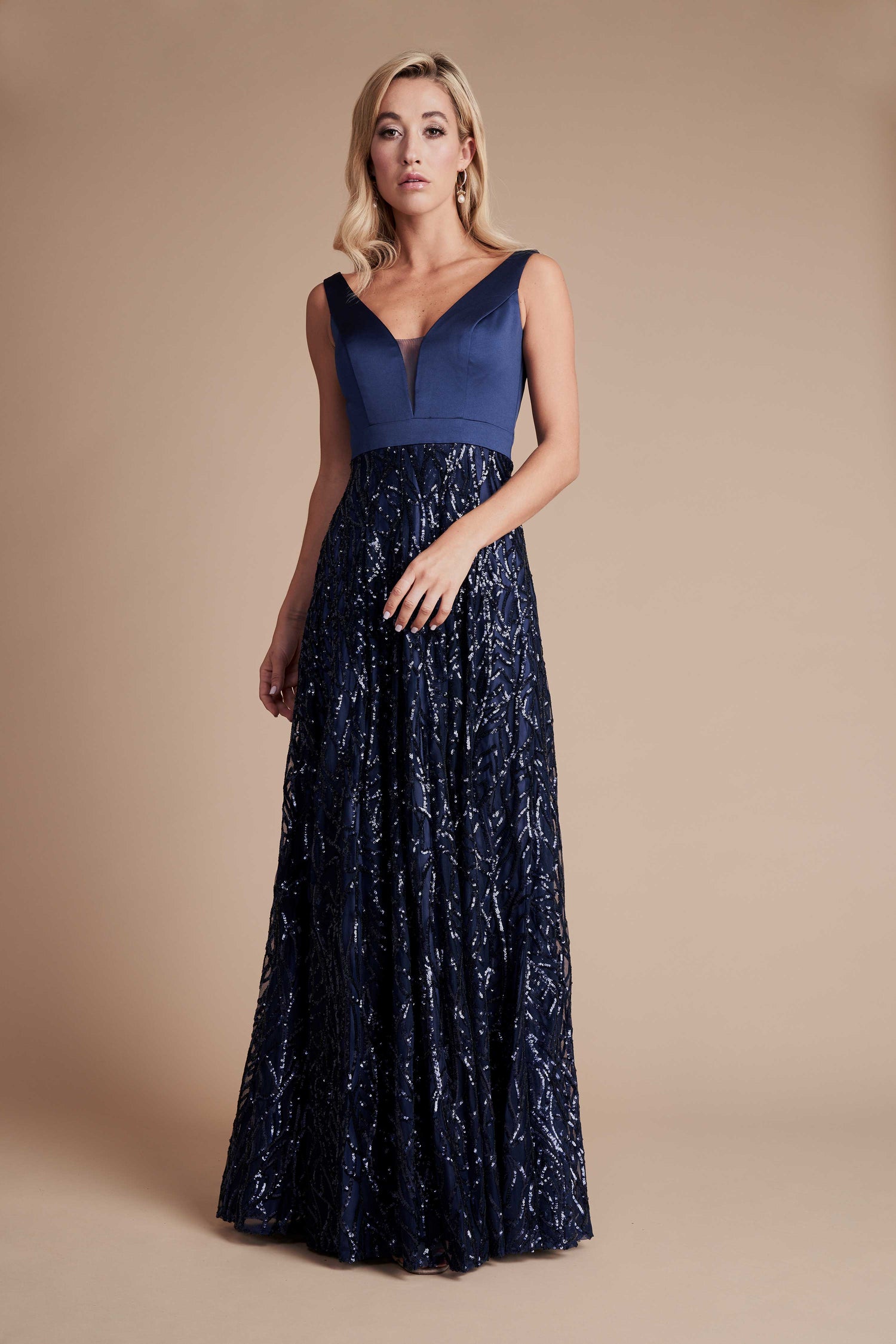 Women's Navy Blue Satin and Sequin Maxi Evening Dress Maxi Gown
