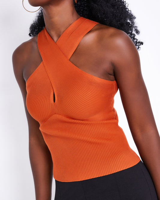 Orange cross front rib knit top 
