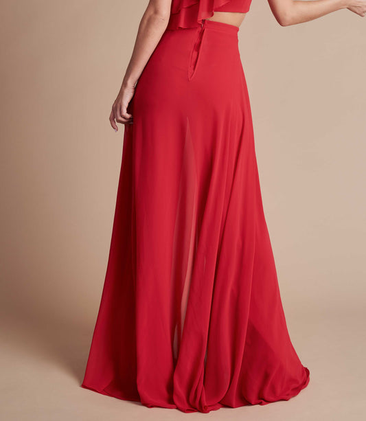 Red high-waisted wide leg trouser with floaty chiffon.