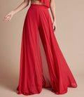 Red high-waisted wide leg trouser with floaty chiffon.