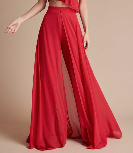 Red high-waisted wide leg trouser with floaty chiffon.