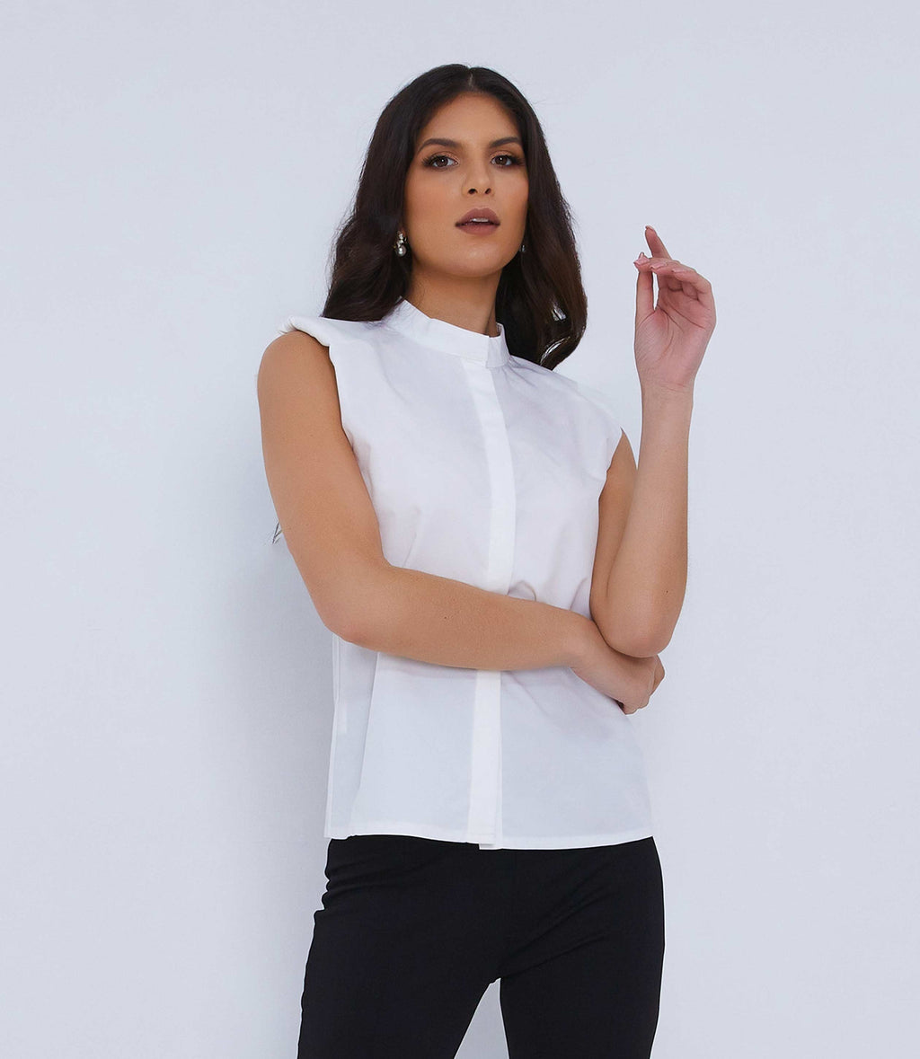 White Sleeveless Shirt Padded Shoulders