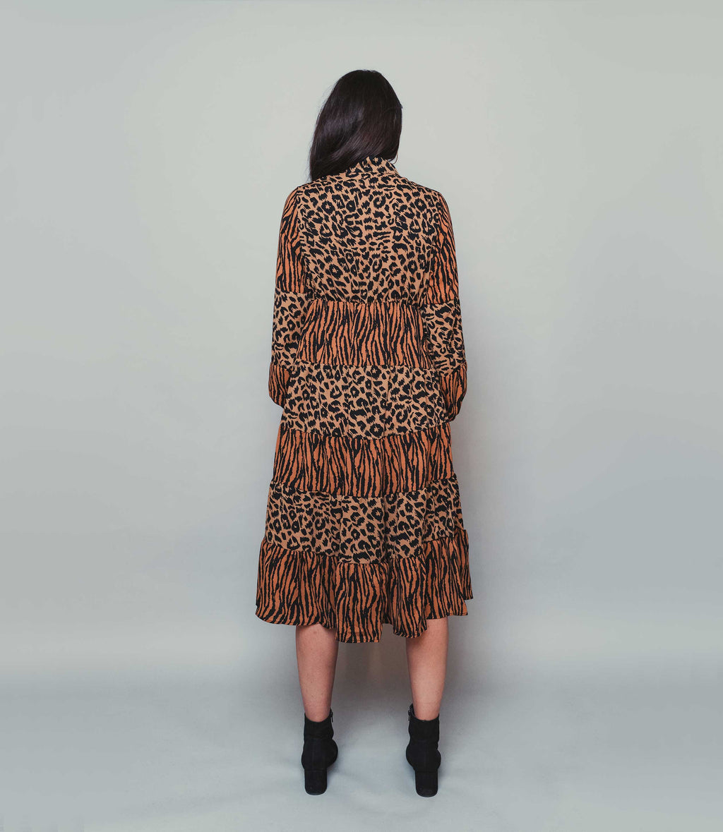 Women's Animal Print Midi Tier Shirt Dress