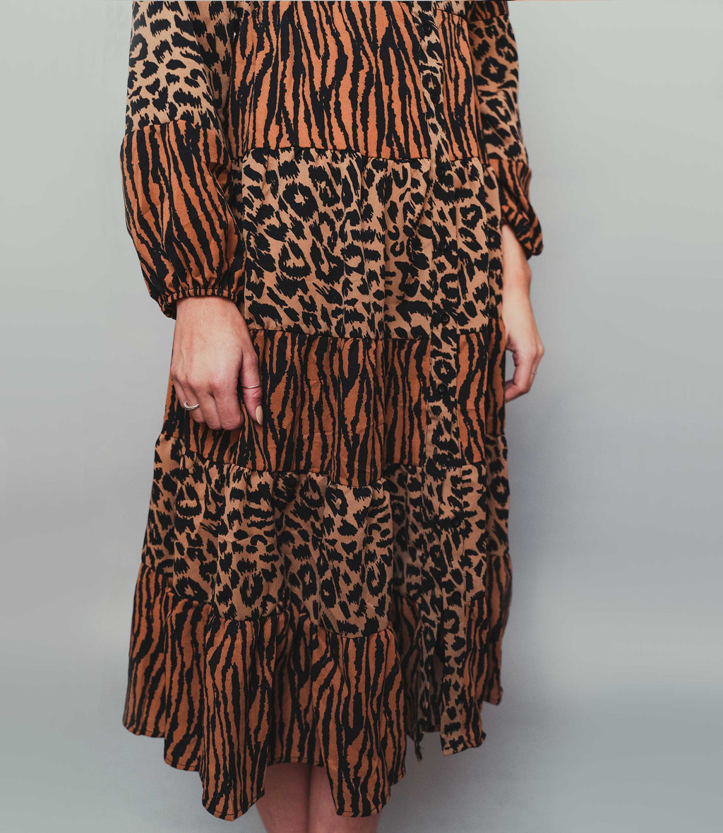 Women's Animal Print Midi Tier Shirt Dress