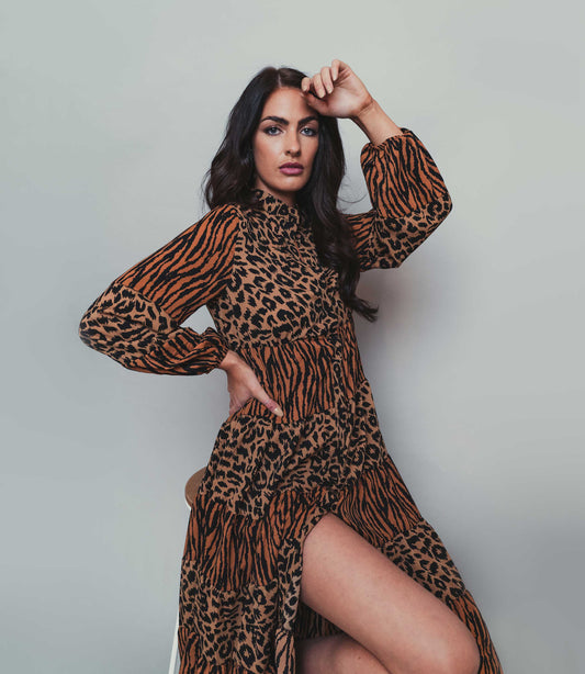 Women's Animal Print Midi Tier Shirt Dress