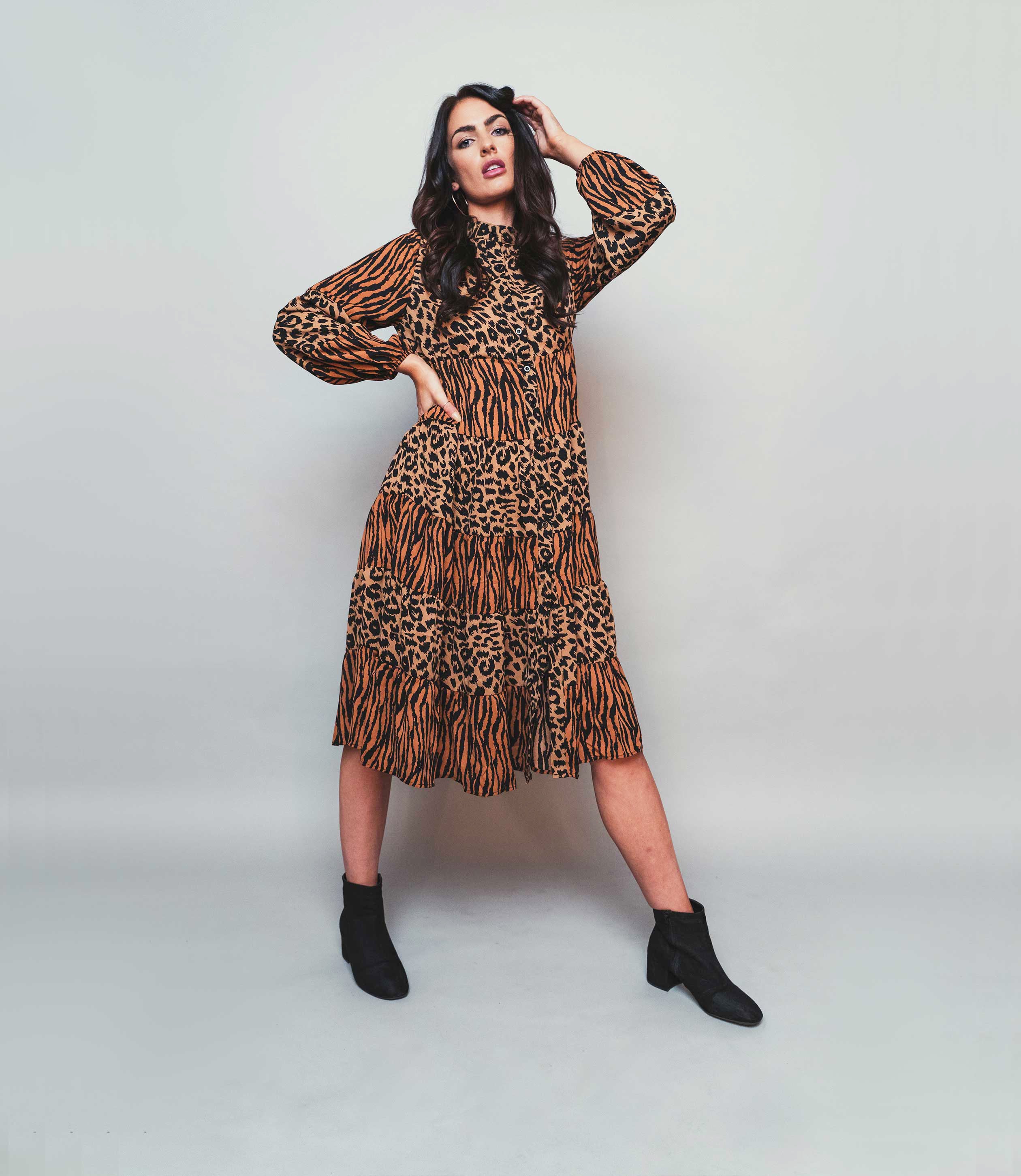 Women's Animal Print Midi Tier Shirt Dress