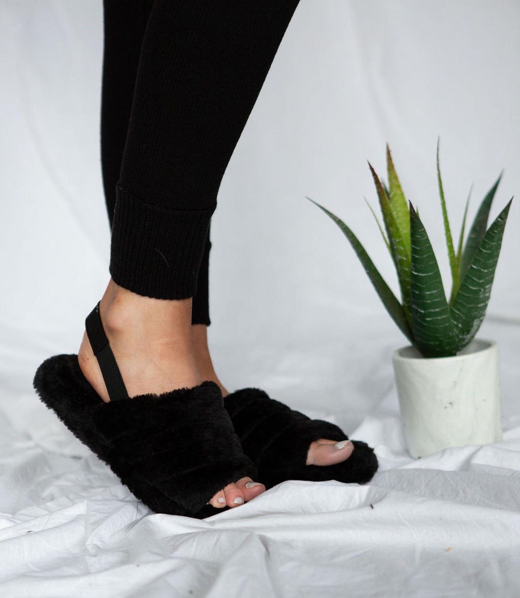 black fluffy slippers