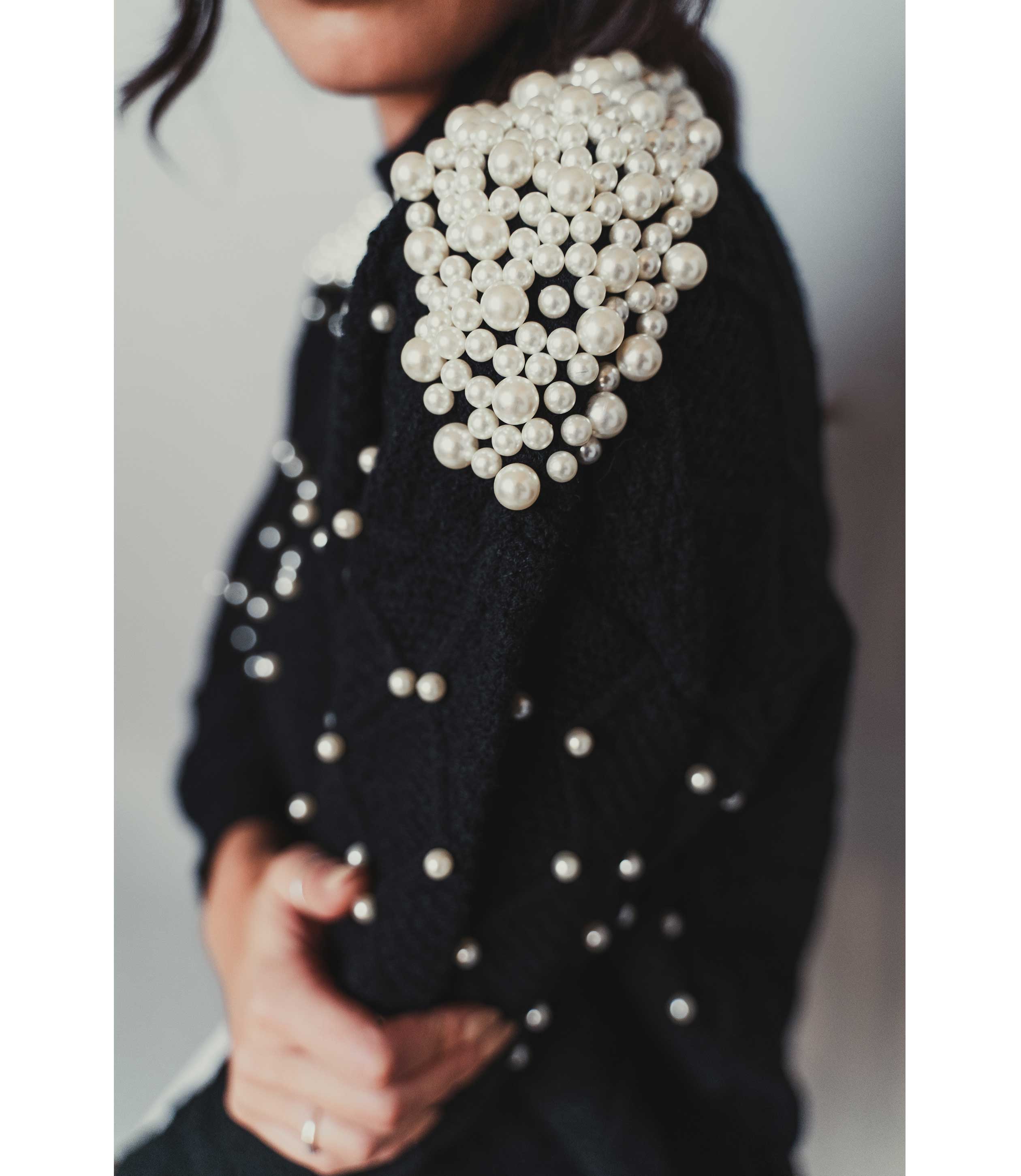 black jumper with mock pearls
