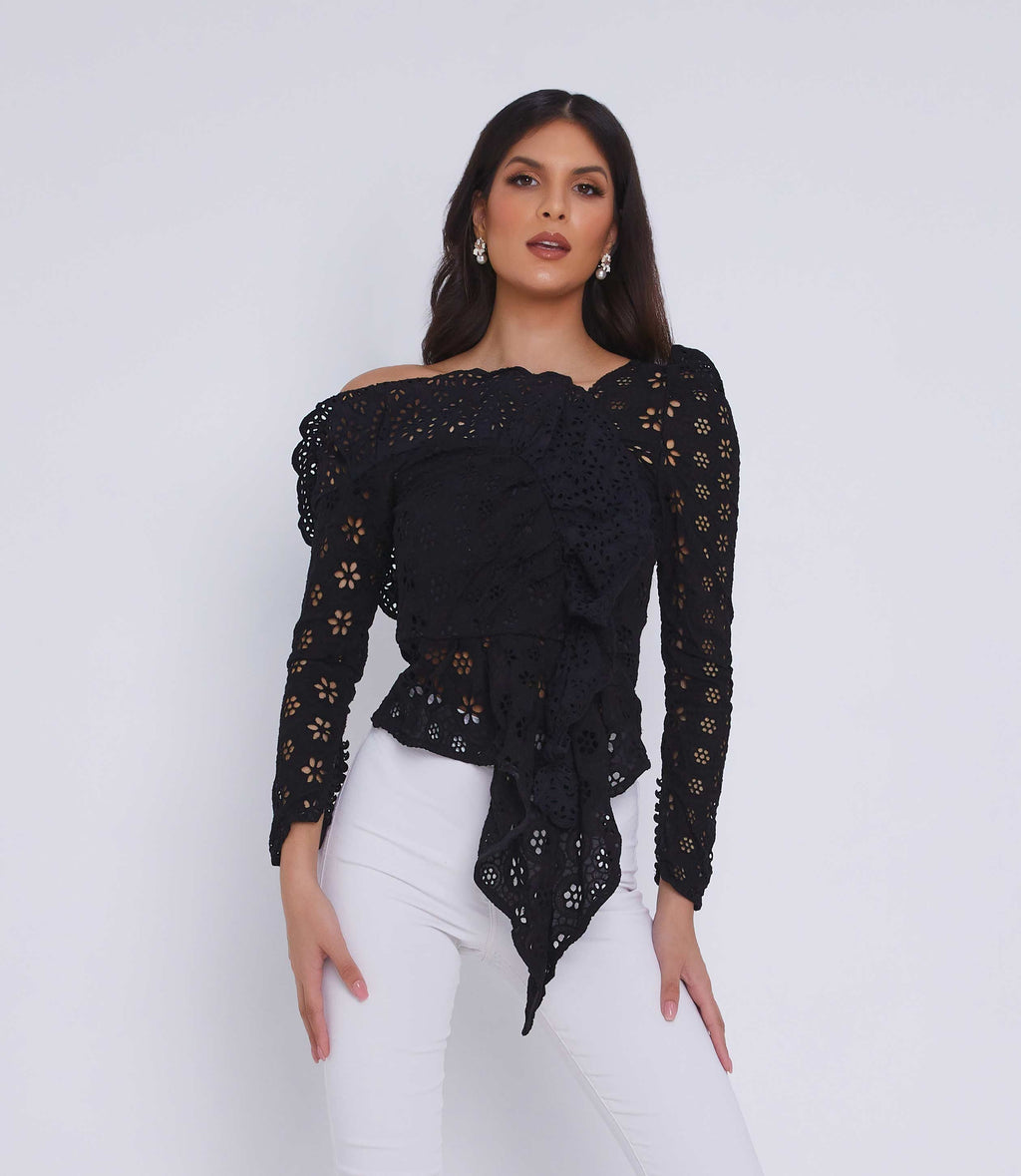 Black lace ruffle off the shoulder going out summer top