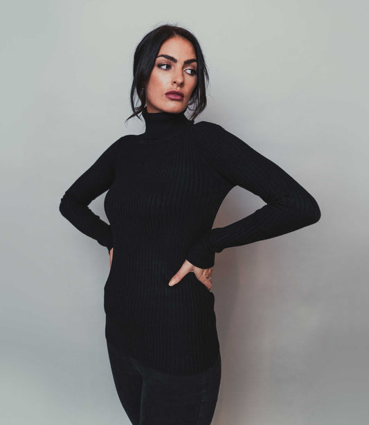 Women's fitted Black Polo neck top turtle neck