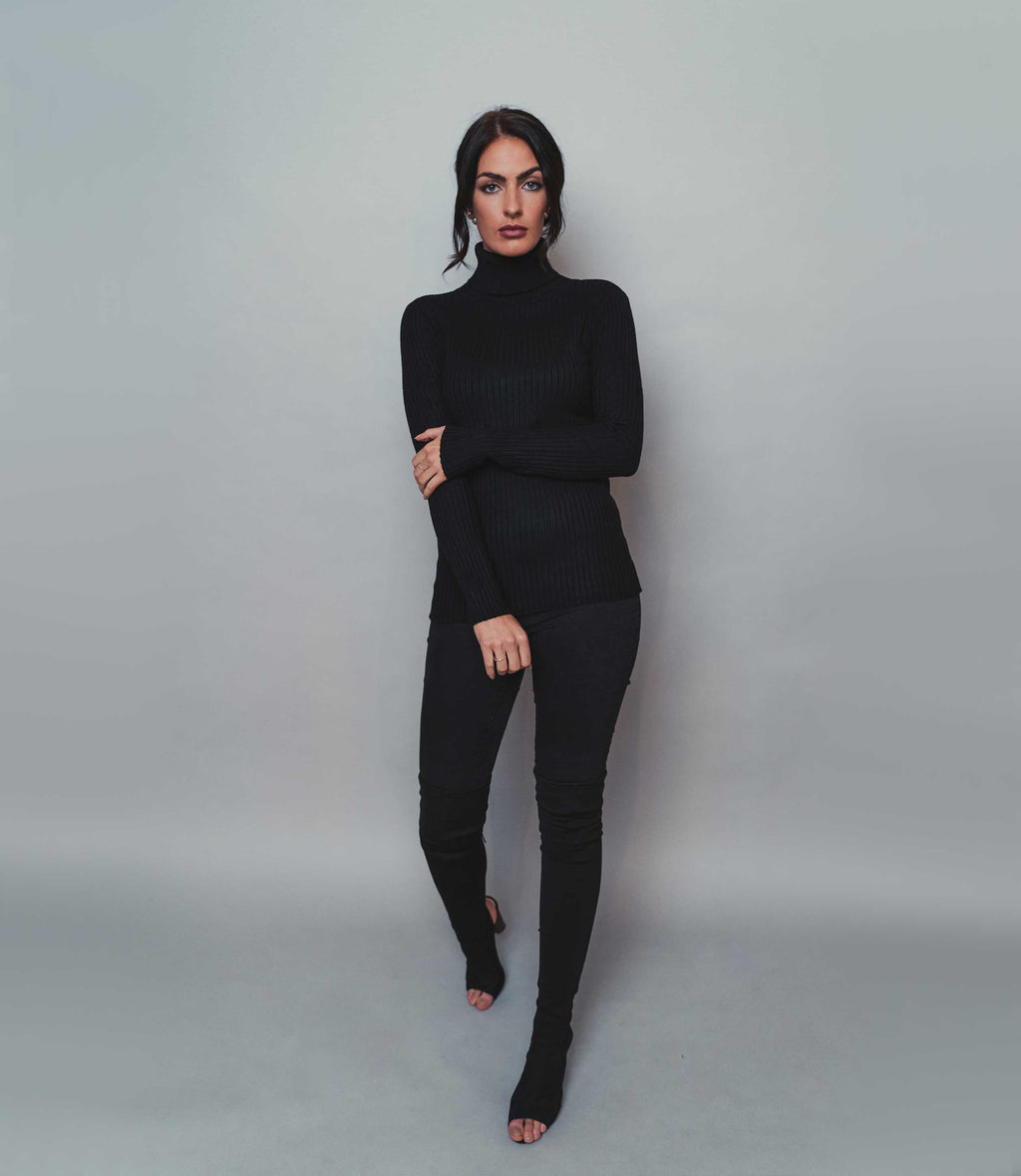 Women's fitted Black Polo neck top turtle neck