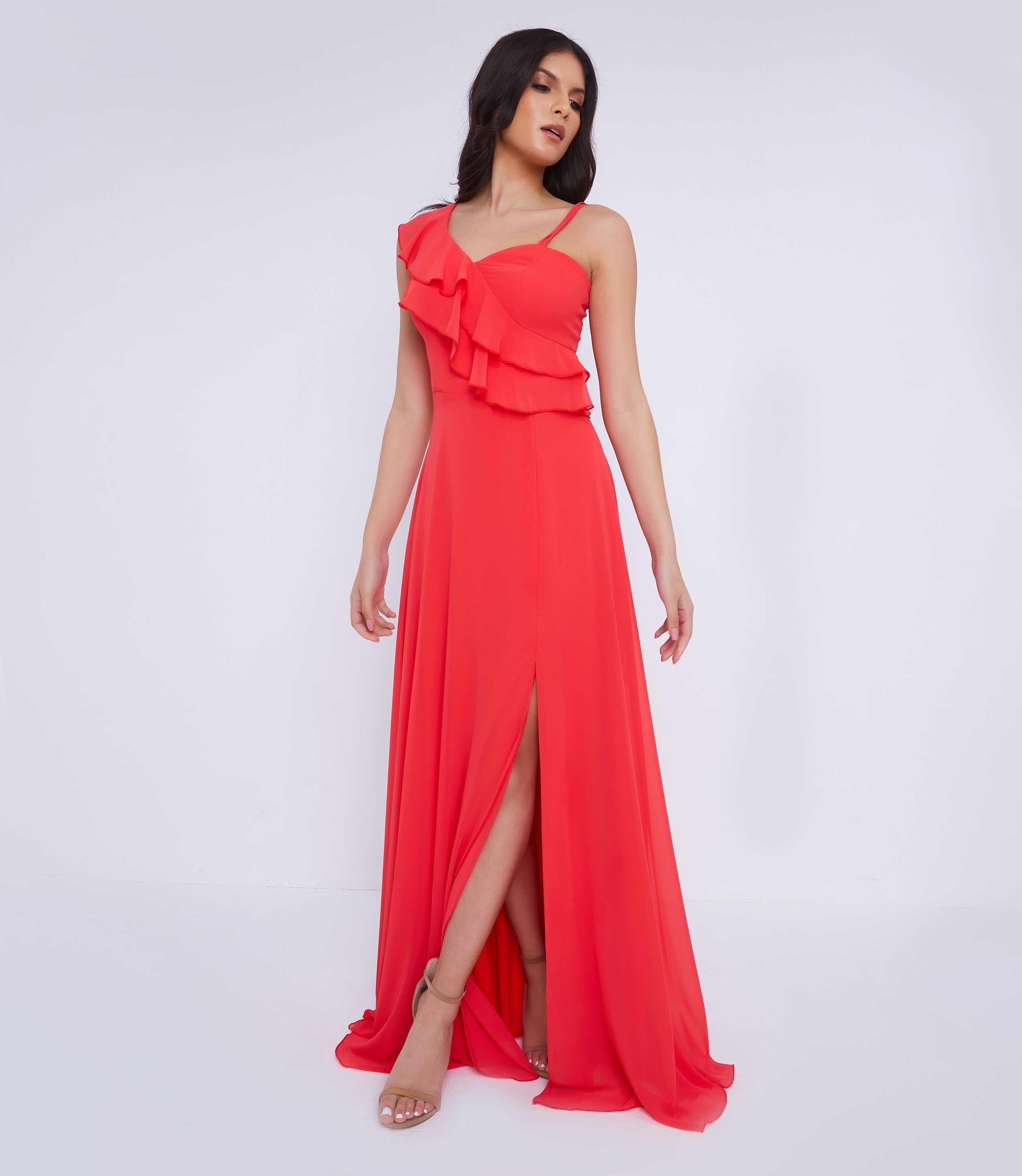 Coral Ruffle Asymmetric Maxi Dress