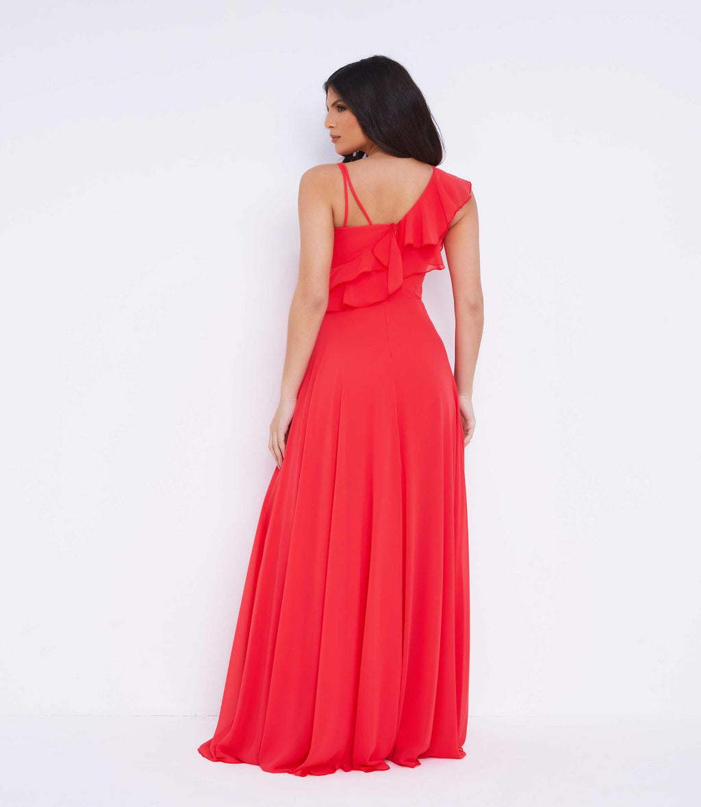 Coral Ruffle Asymmetric Maxi Dress