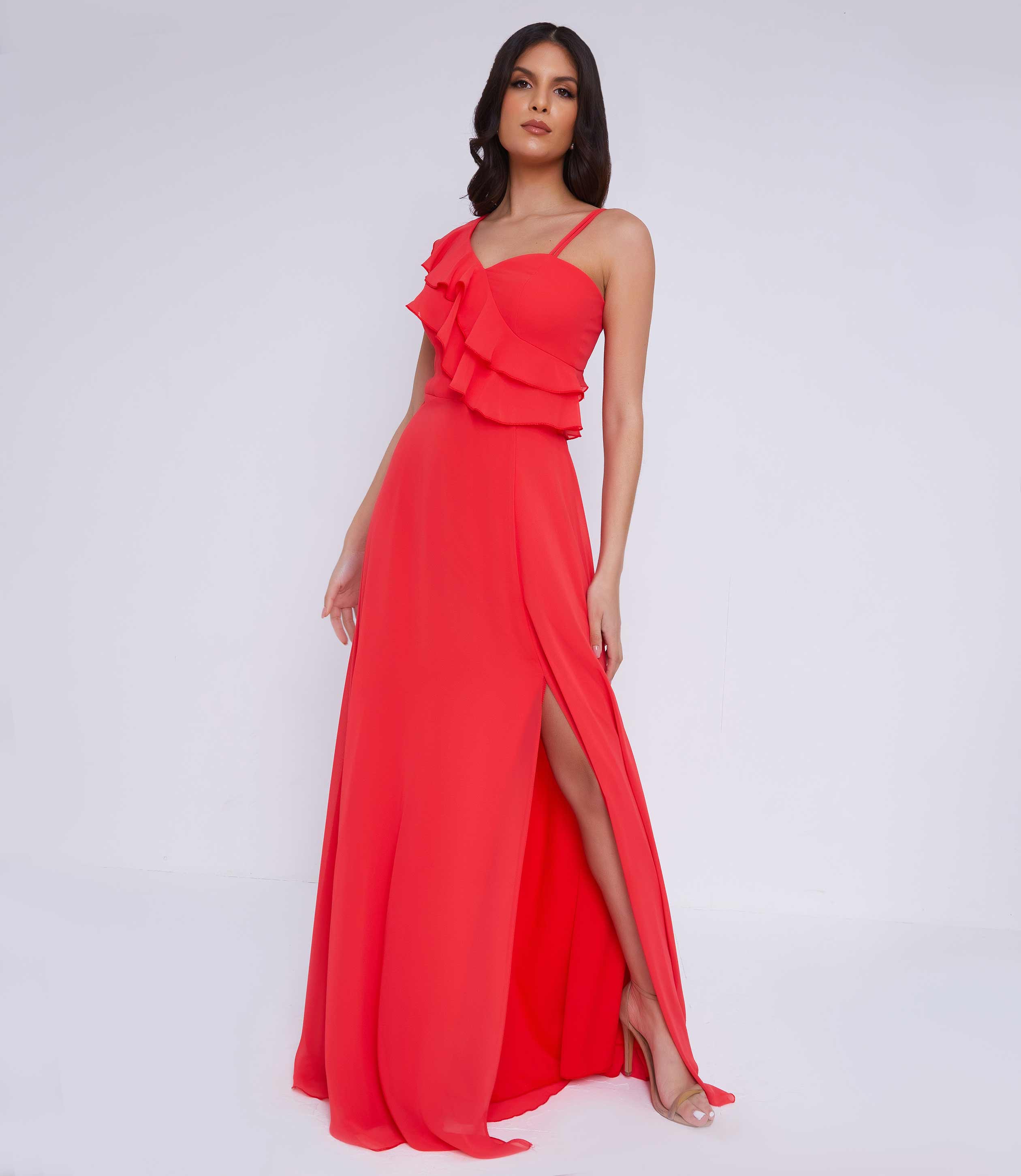 Coral Ruffle Asymmetric Maxi Dress