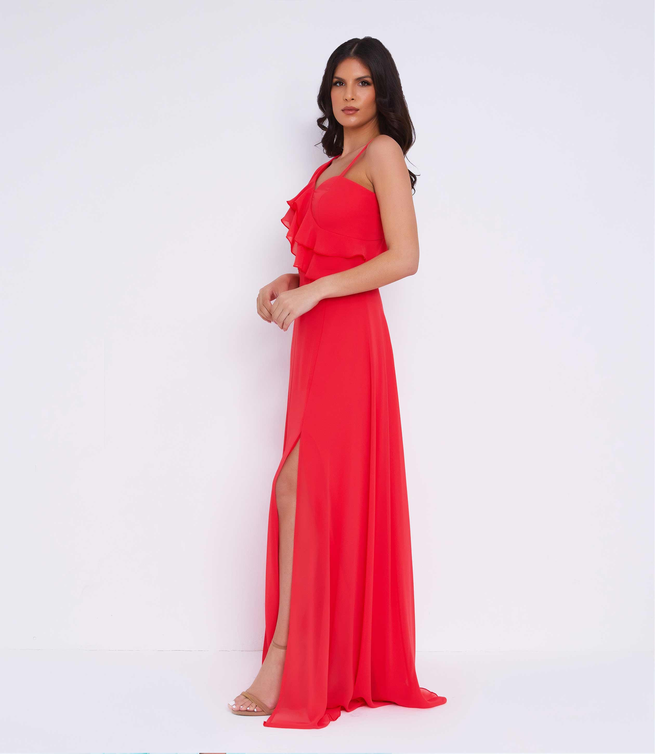 Coral Ruffle Asymmetric Maxi Dress