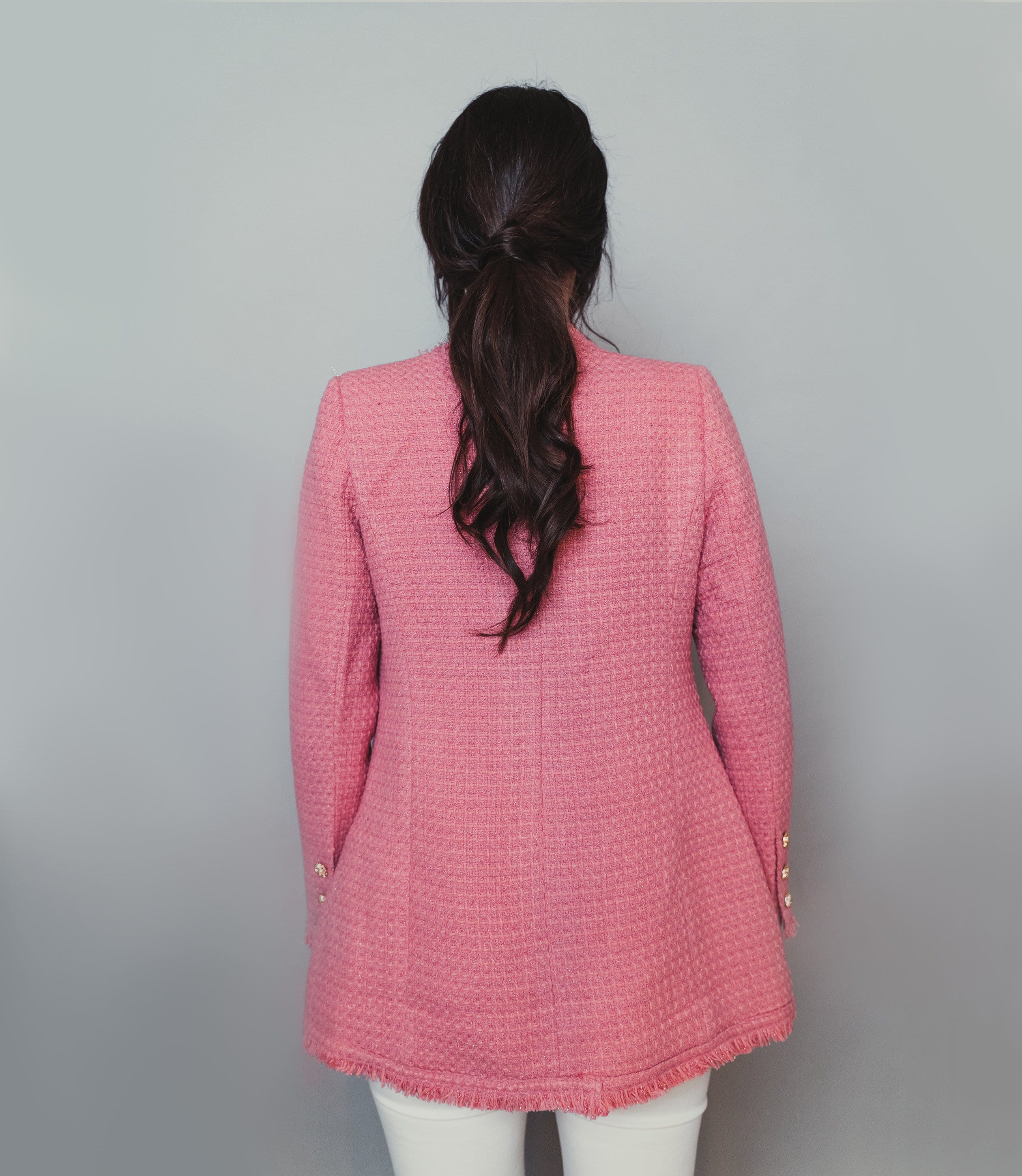 Pink Tweed jacket with gold buttons